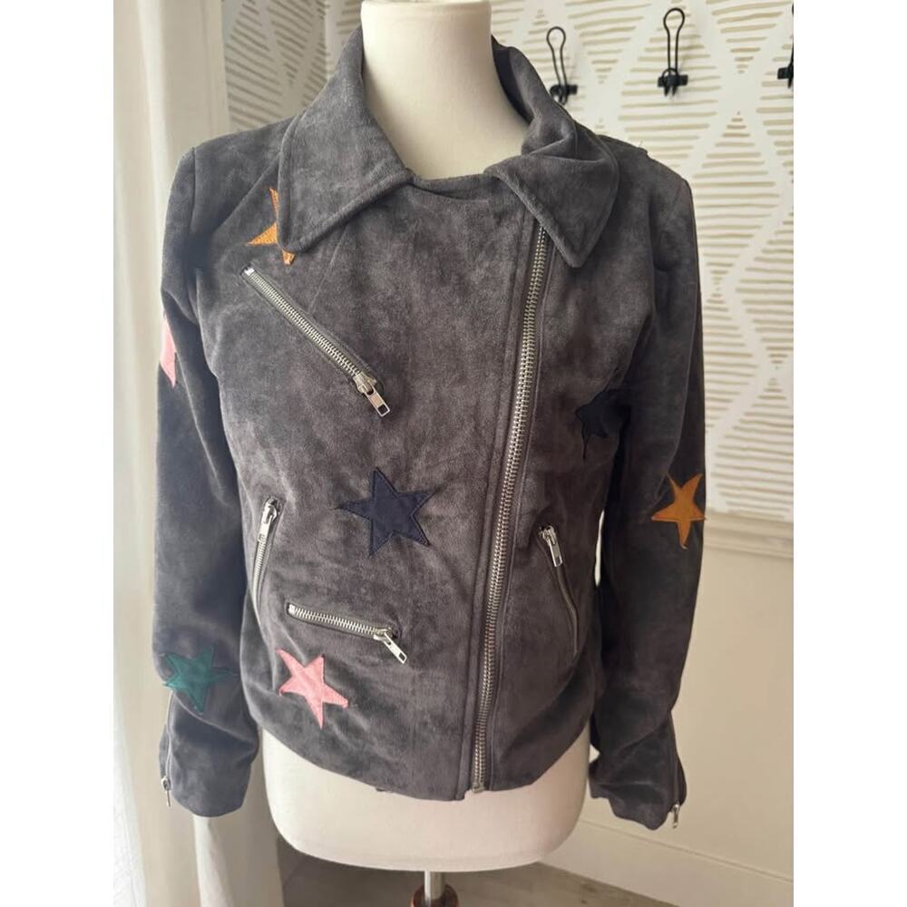 Olivaceous The Impeccable Pig Large Faux Suede Gray Star Print Moto Jacket